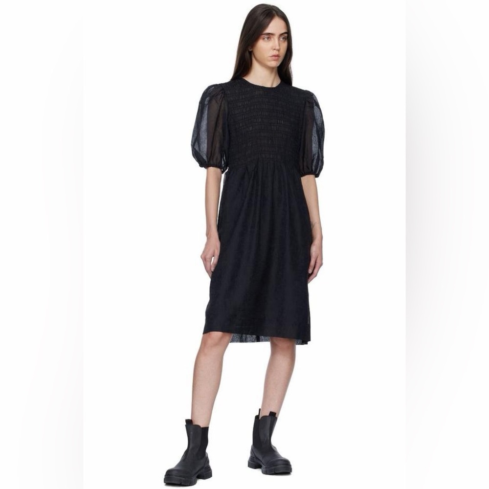 Ganni Black‎ Crinkled Georgette Smocked Midi Dress Size Large EU 40 Puff Sleeve